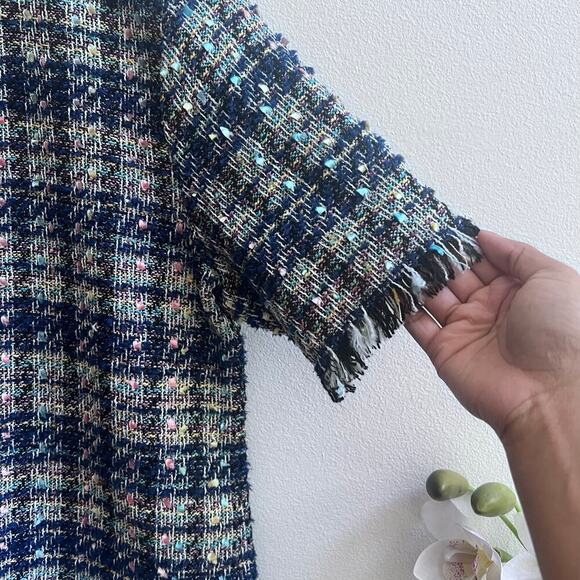 Neiman Marcus Women's Knitted Tweed Short Sleeve Blue Multicolor Blouse Size M - Picture 3 of 7